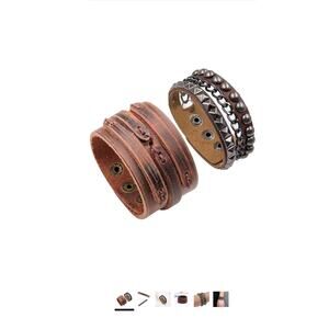 Men’s Leather Bracelet Set Studded Chain Punk Biker Adjustable Brown Black